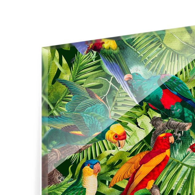 Glasbild - Bunte Collage - Papageien im Dschungel - Hochformat 4:3