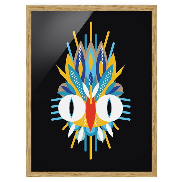 Bild mit Rahmen - Collage Ethno Maske - Vogel Federn - Hochformat 4:3