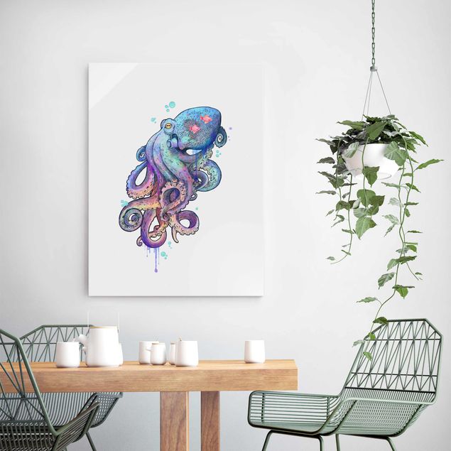 Glas Magnettafel Illustration Oktopus Violett Türkis Malerei
