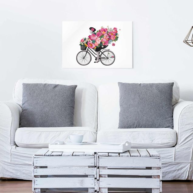 Glas Magnettafel Illustration Frau auf Fahrrad Collage bunte Blumen