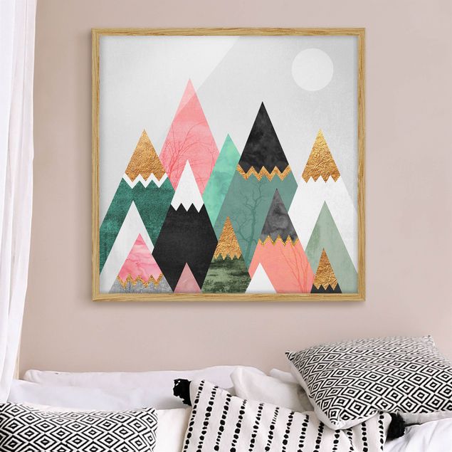 Bild mit Rahmen - Dreieckige Berge mit Goldspitzen - Quadrat 1:1