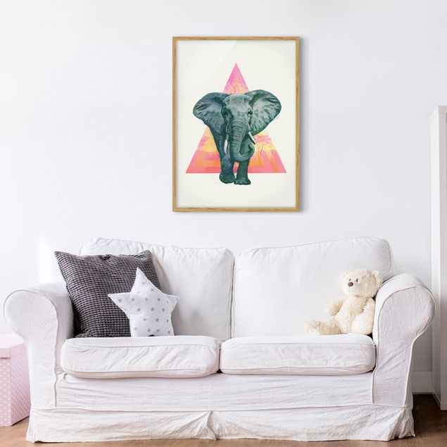 Bild mit Rahmen - Illustration Elefant vor Dreieck Malerei - Hochformat 4:3