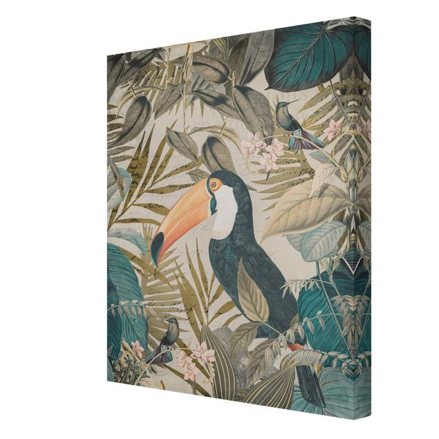 Leinwandbild - Vintage Collage - Tukan im Dschungel - Hochformat 4:3