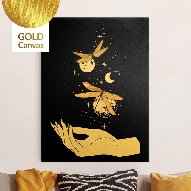Leinwandbild Gold - Zaubernde Hand - Libellen und Planeten - Hochformat 4:3