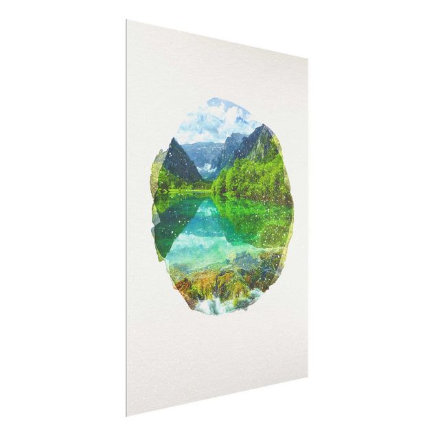 Glasbild - Wasserfarben - Bergsee mit Spiegelung - Hochformat 4:3