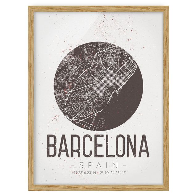 Bild mit Rahmen - Stadtplan Barcelona - Retro - Hochformat 3:4