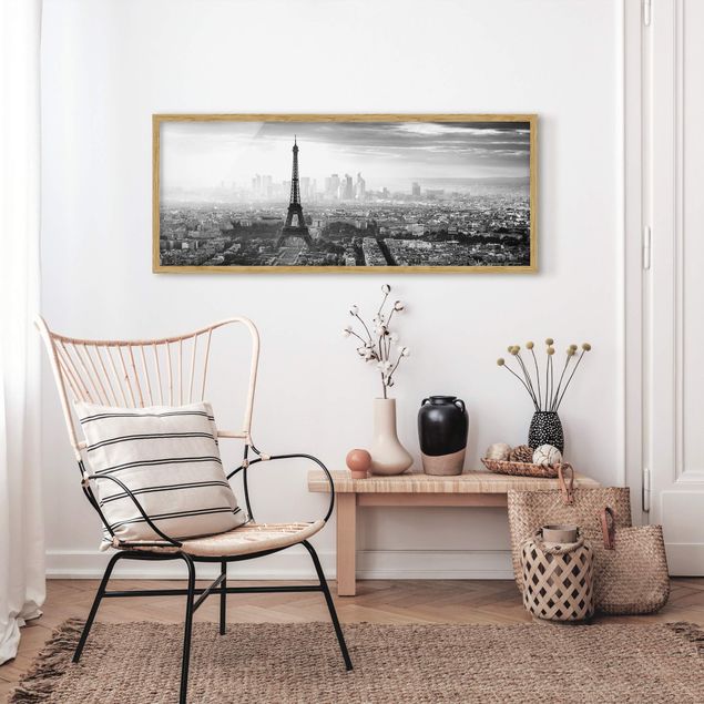 Bild mit Rahmen - Der Eiffelturm von Oben Schwarz-weiß - Panorama Querformat