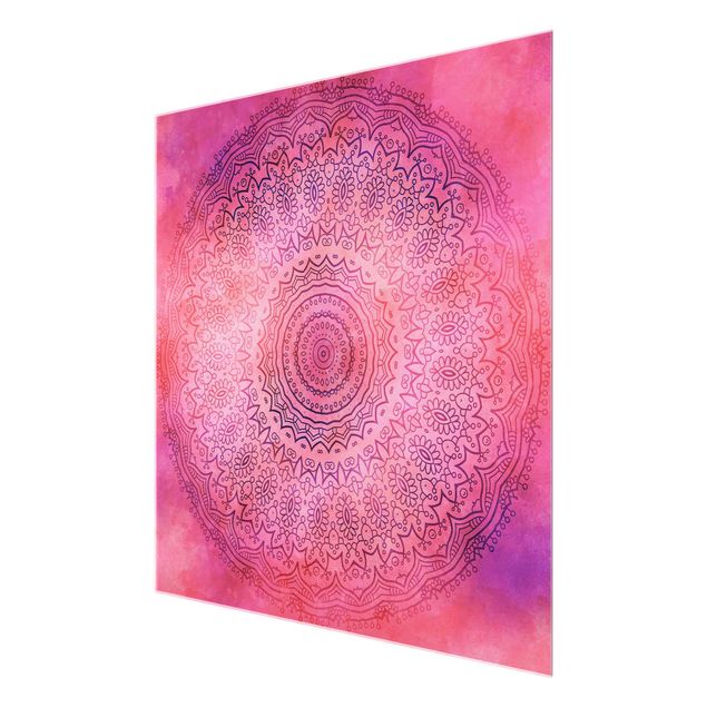 Glasbild - Aquarell Mandala Pink Violett - Quadrat 1:1