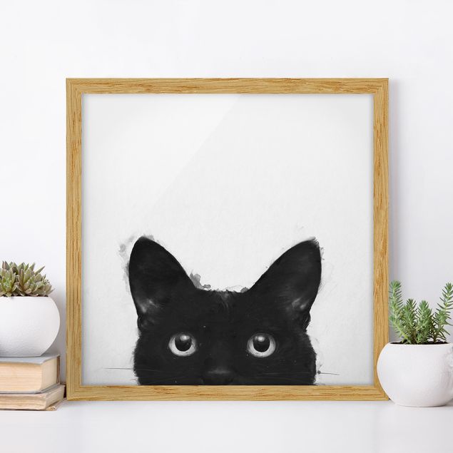 Bild mit Rahmen - Illustration Schwarze Katze auf Weiß Malerei - Quadrat 1:1