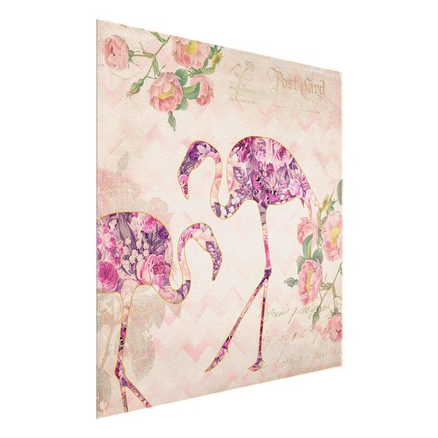 Glasbild - Vintage Collage - Rosa Blüten Flamingos - Quadrat 1:1
