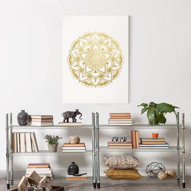 Leinwandbild - Mandala Illustration Ornament weiß gold - Hochformat 4:3