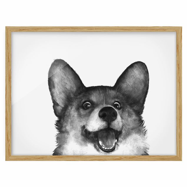 Bild mit Rahmen - Illustration Hund Corgi Weiß Schwarz Malerei - Querformat 3:4