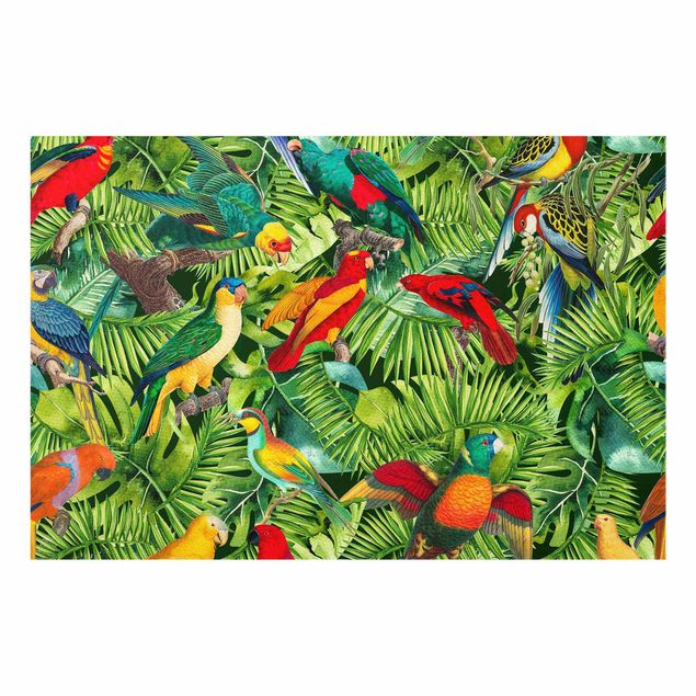 Glasbild - Bunte Collage - Papageien im Dschungel - Querformat 2:3