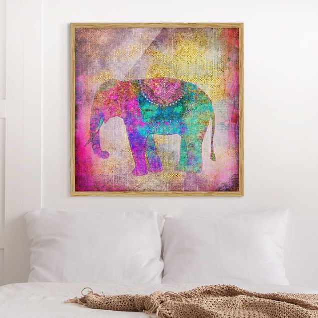Bild mit Rahmen - Bunte Collage - Indischer Elefant - Quadrat 1:1
