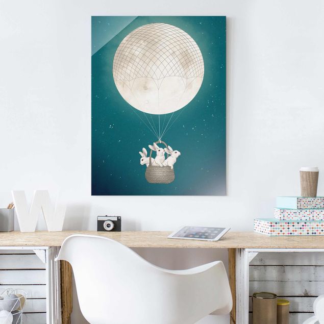 Glas Magnetboard Illustration Hasen Mond-Heißluftballon Sternenhimmel