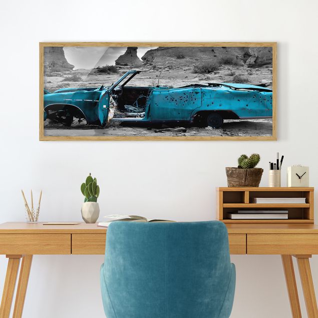 Bild mit Rahmen - Türkiser Cadillac - Panorama Querformat