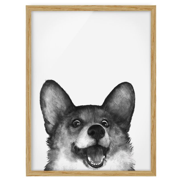Bild mit Rahmen - Illustration Hund Corgi Weiß Schwarz Malerei - Hochformat 4:3
