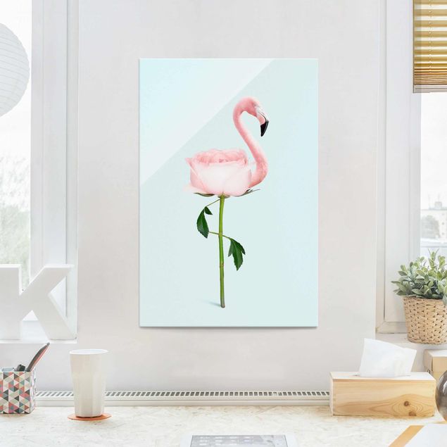 Glas Magnetboard Flamingo mit Rose
