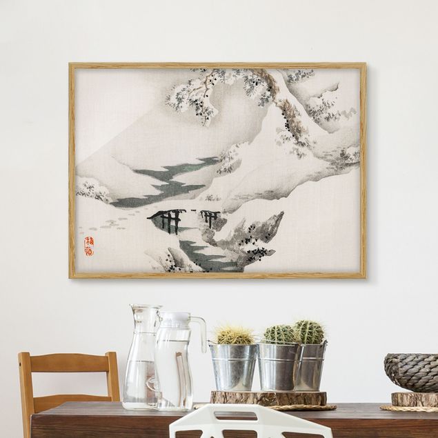 Bild mit Rahmen - Asiatische Vintage Zeichnung Winterlandschaft - Querformat 3:4