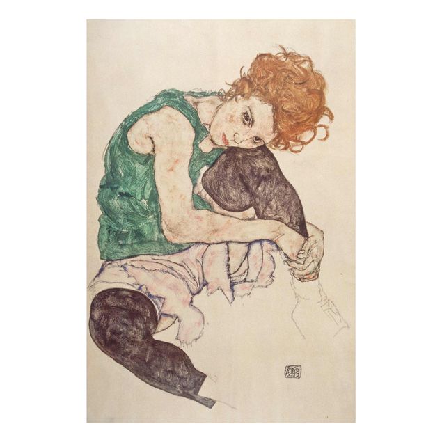 Glasbild - Egon Schiele - Sitzende Frau mit hochgezogenem Knie - Hochformat 3:2