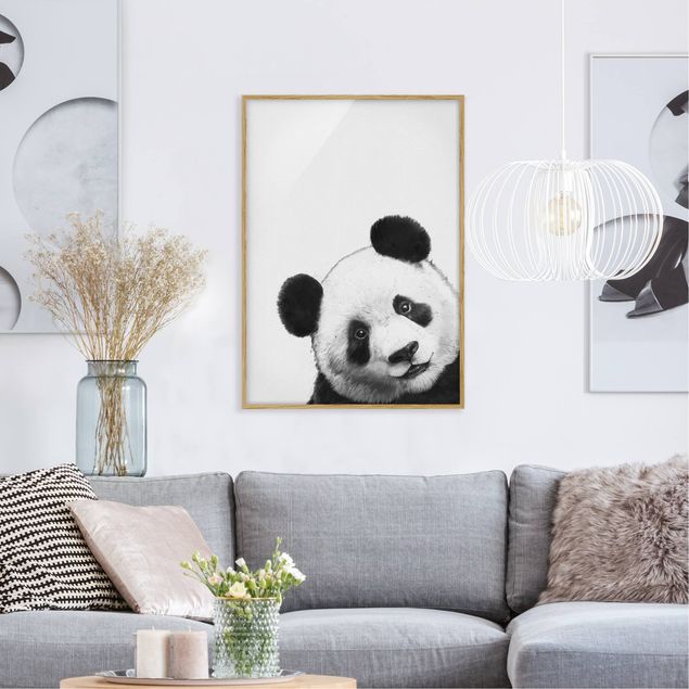 Bild mit Rahmen - Illustration Panda Schwarz Weiß Malerei - Hochformat 4:3