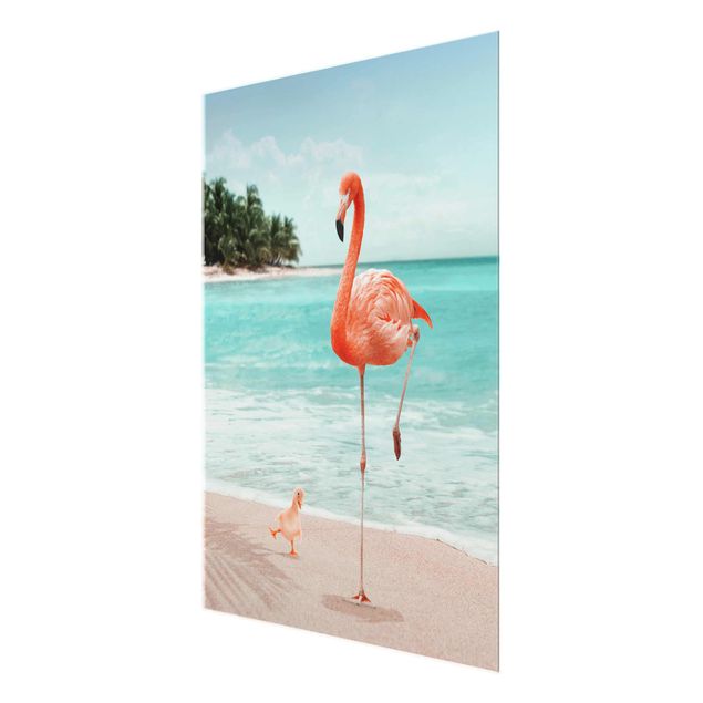 Glasbild - Jonas Loose - Strand mit Flamingo - Hochformat 4:3