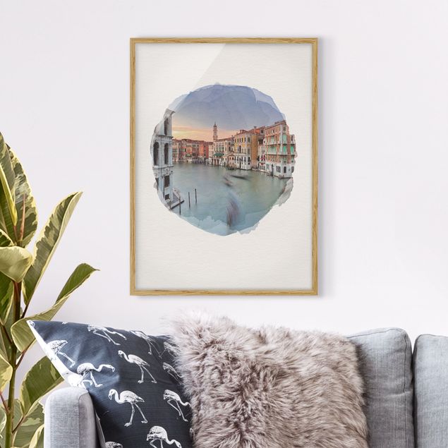Bild mit Rahmen - Wasserfarben - Canale Grande Blick von der Rialtobrücke Venedig - Hochformat 4:3