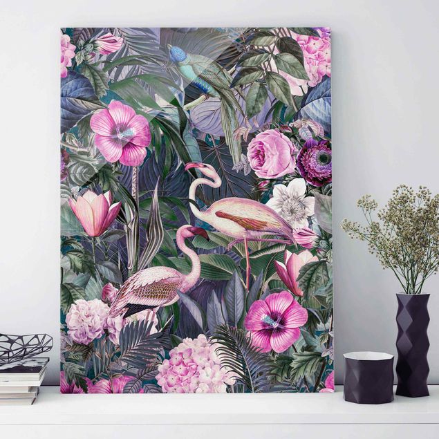 Glas Magnettafel Bunte Collage - Pinke Flamingos im Dschungel