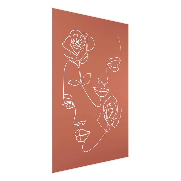 Glasbild - Line Art Gesichter Frauen Rosen Kupfer - Hochformat 4:3