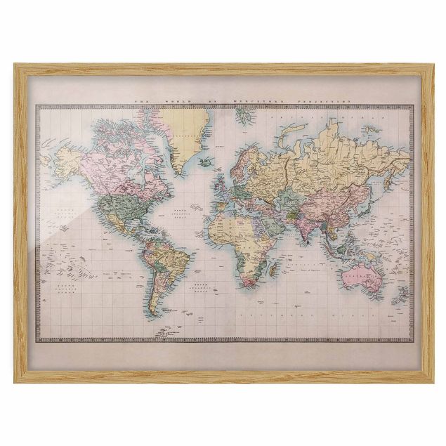 Bild mit Rahmen - Vintage Weltkarte um 1850 - Querformat 3:4