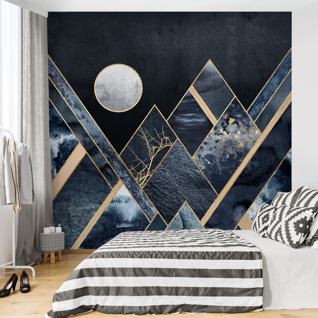 Fototapete - Goldener Mond abstrakte schwarze Berge - Fototapete Quadrat