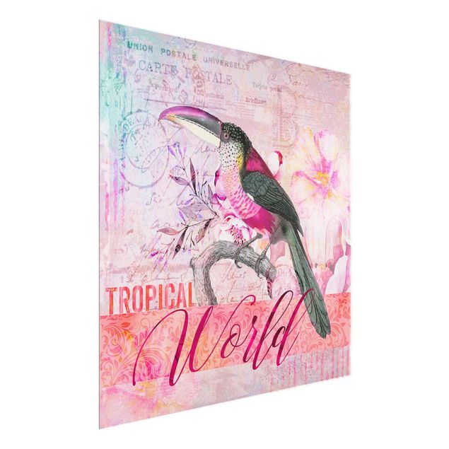 Glasbild - Vintage Collage - Tropical World Tucan - Quadrat 1:1