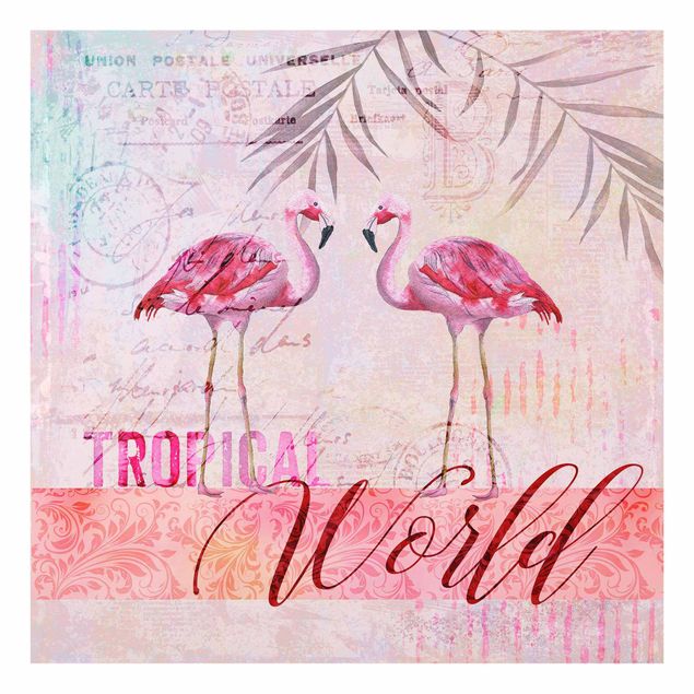 Glasbild - Vintage Collage - Tropical World Flamingos - Quadrat 1:1