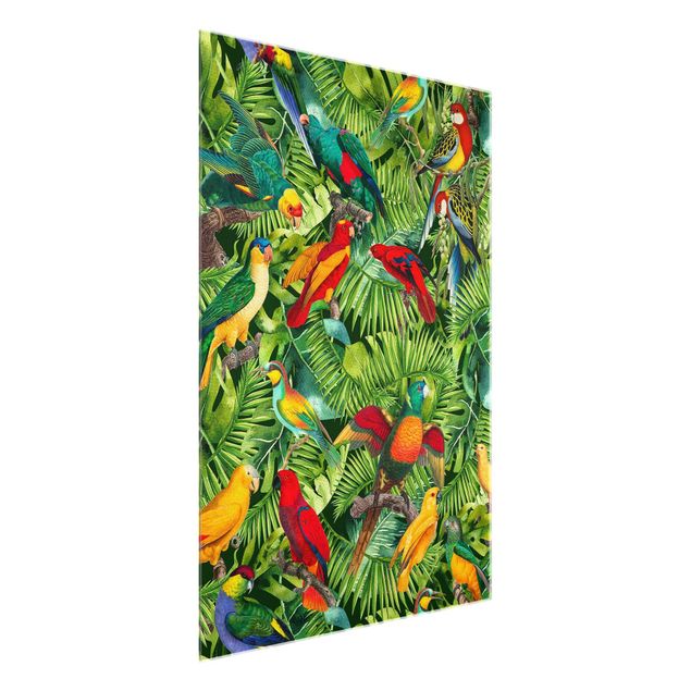 Glasbild - Bunte Collage - Papageien im Dschungel - Hochformat 4:3