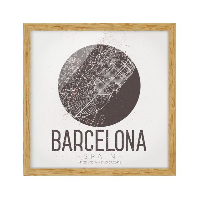Bild mit Rahmen - Stadtplan Barcelona - Retro - Quadrat 1:1