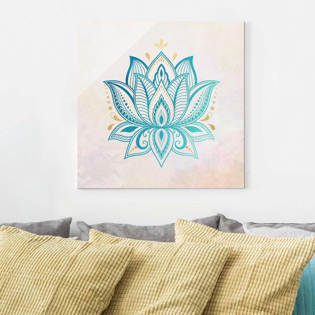 Glas Magnetboard Lotus Illustration Mandala gold blau