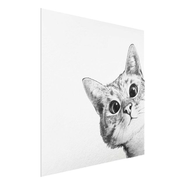 Glasbild - Illustration Katze Zeichnung Schwarz Weiß - Quadrat 1:1