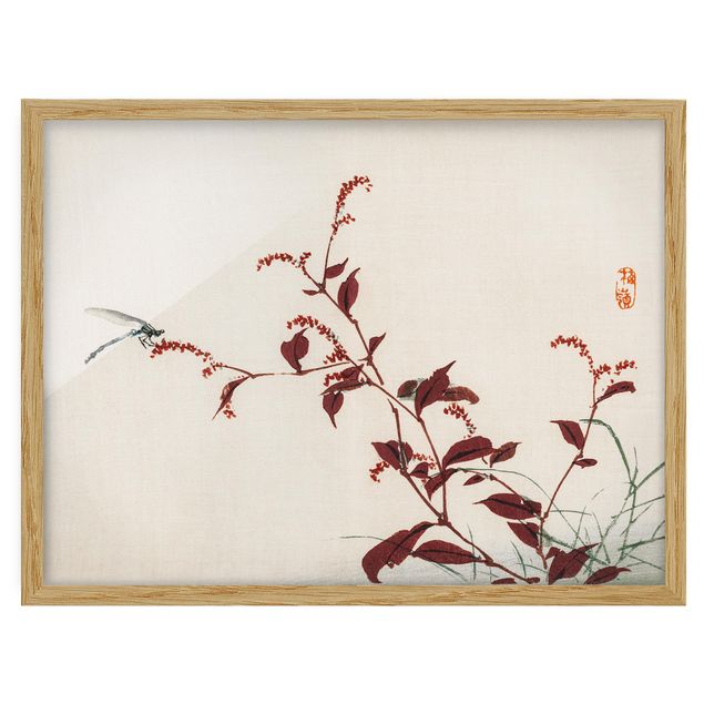 Bild mit Rahmen - Asiatische Vintage Zeichnung Roter Zweig mit Libelle - Querformat 3:4