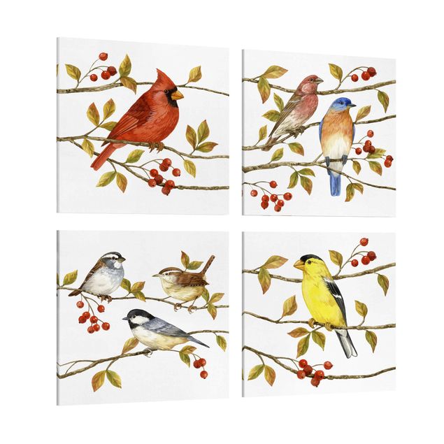 Leinwandbild 4-teilig - Vögel und Beeren Set II