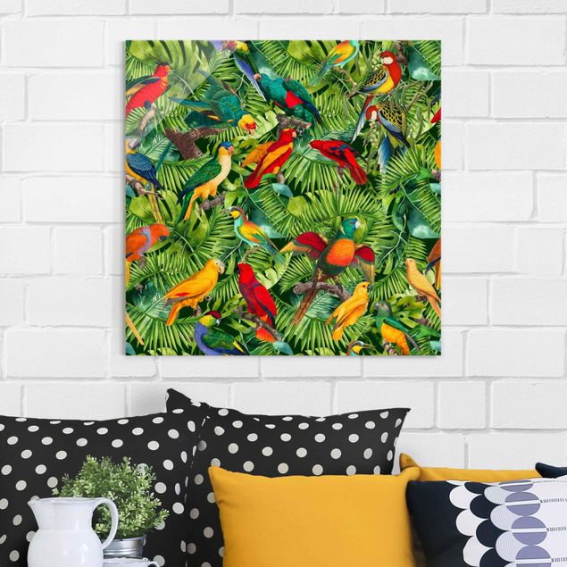 Glas Magnettafel Bunte Collage - Papageien im Dschungel