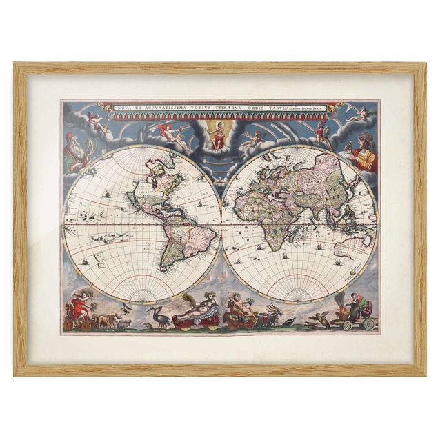 Bild mit Rahmen - Historische Weltkarte Nova et Accuratissima von 1664 - Querformat 3:4