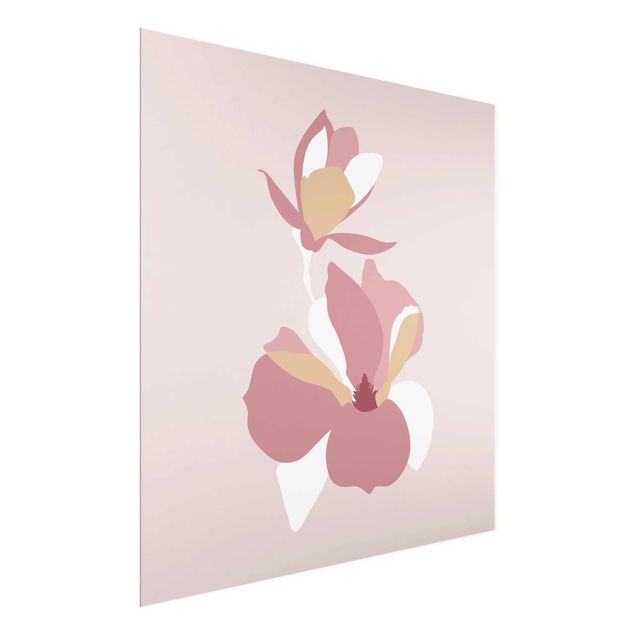 Glasbild - Line Art Blüten Pastell Rosa - Quadrat 1:1