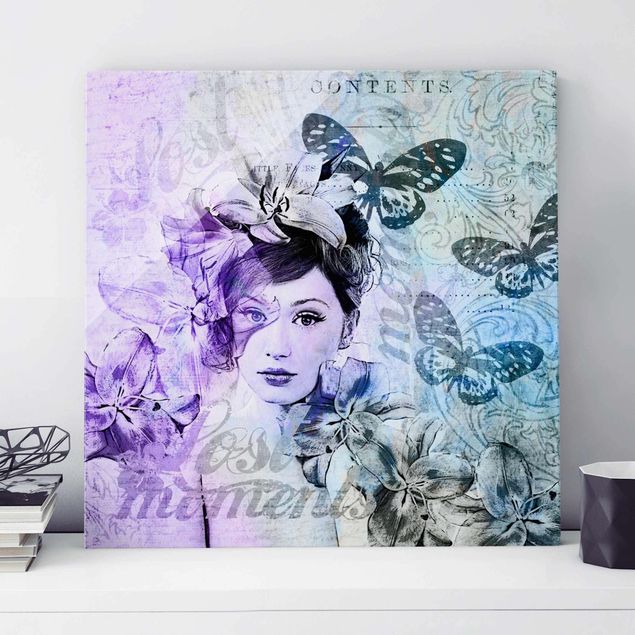 Magnettafel Glas Shabby Chic Collage - Portrait mit Schmetterlingen