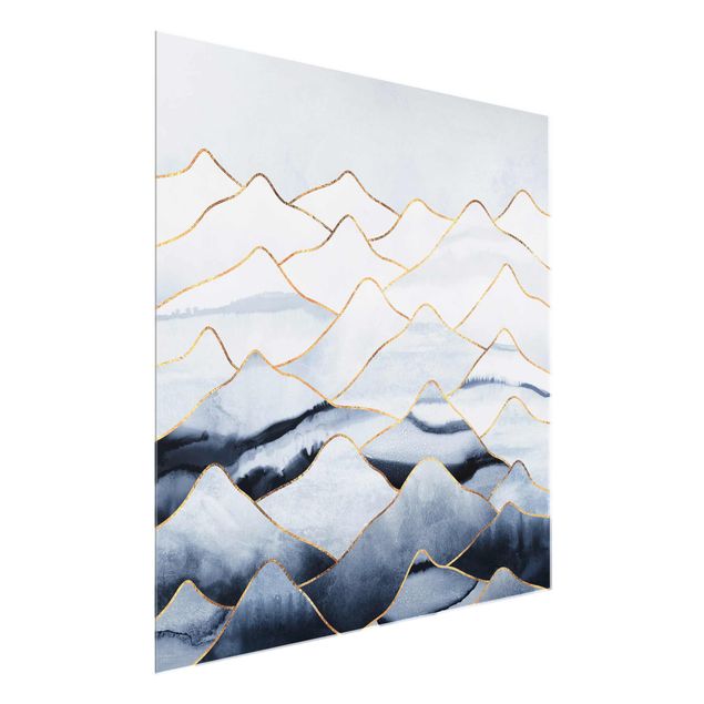 Glasbild - Aquarell Berge Weiß Gold - Quadrat 1:1