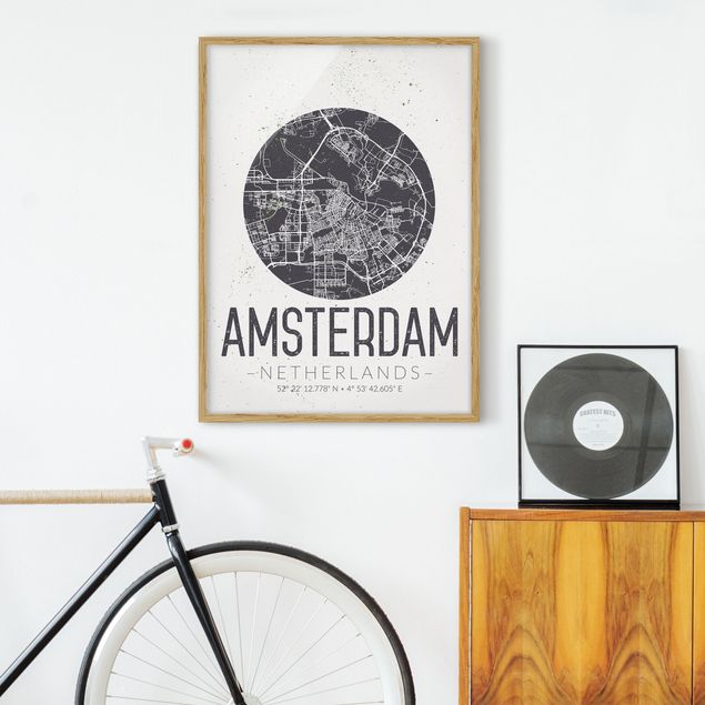 Bild mit Rahmen - Stadtplan Amsterdam - Retro - Hochformat 3:4