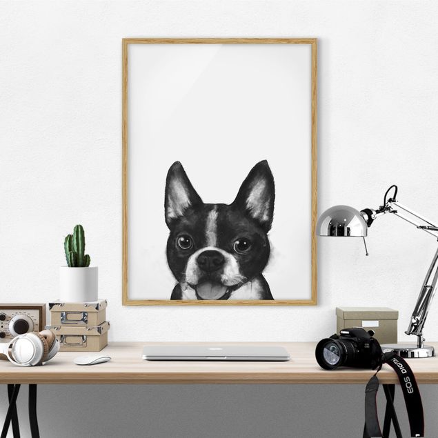 Bild mit Rahmen - Illustration Hund Boston Schwarz Weiß Malerei - Hochformat 4:3