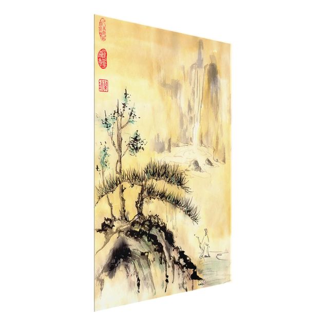 Glasbild - Japanische Aquarell Zeichnung Zedern und Berge - Hochformat 4:3