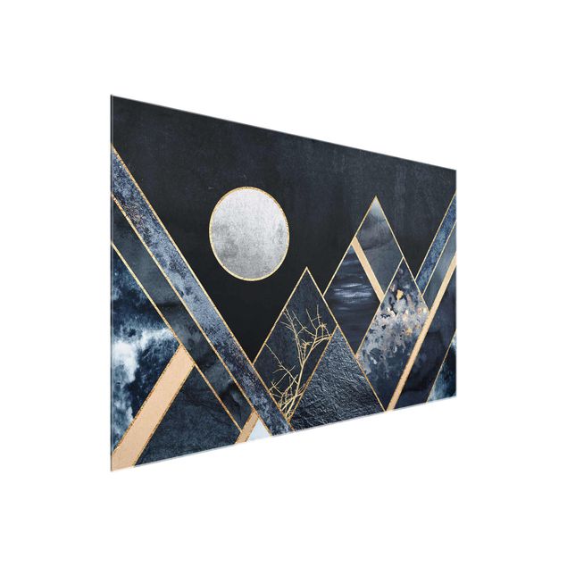 Glasbild - Goldener Mond abstrakte schwarze Berge - Querformat 2:3