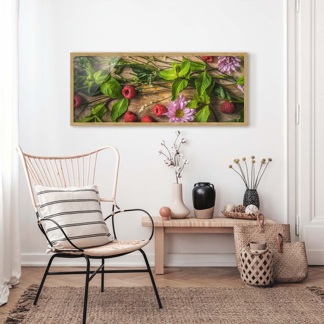 Bild mit Rahmen - Blumen Himbeeren Minze - Panorama Querformat