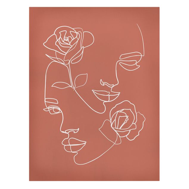 Leinwandbild - Line Art Gesichter Frauen Rosen Kupfer - Hochformat 4:3